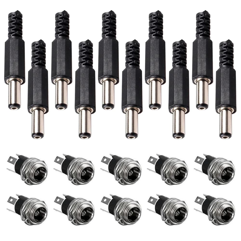 10-pair set of DC power jack sockets and plugs, 5.5mm x 2.1mm panel mount connector with 3-pin female socket and matching male plug